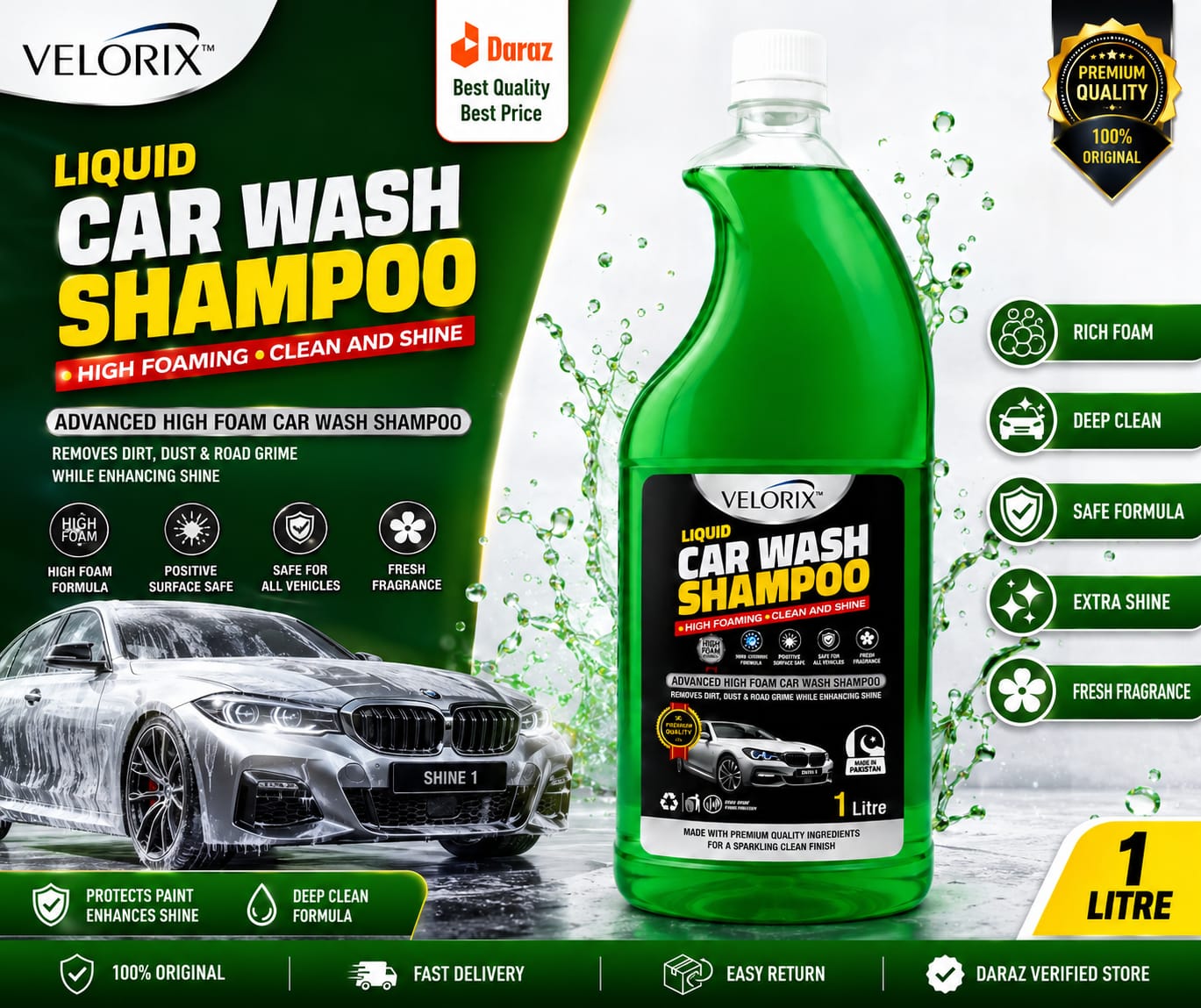Velorix Liquid Car Wash – High Foam Car Shampoo, Clean & Shine Premium Quality – 1 Liter (1000ml)